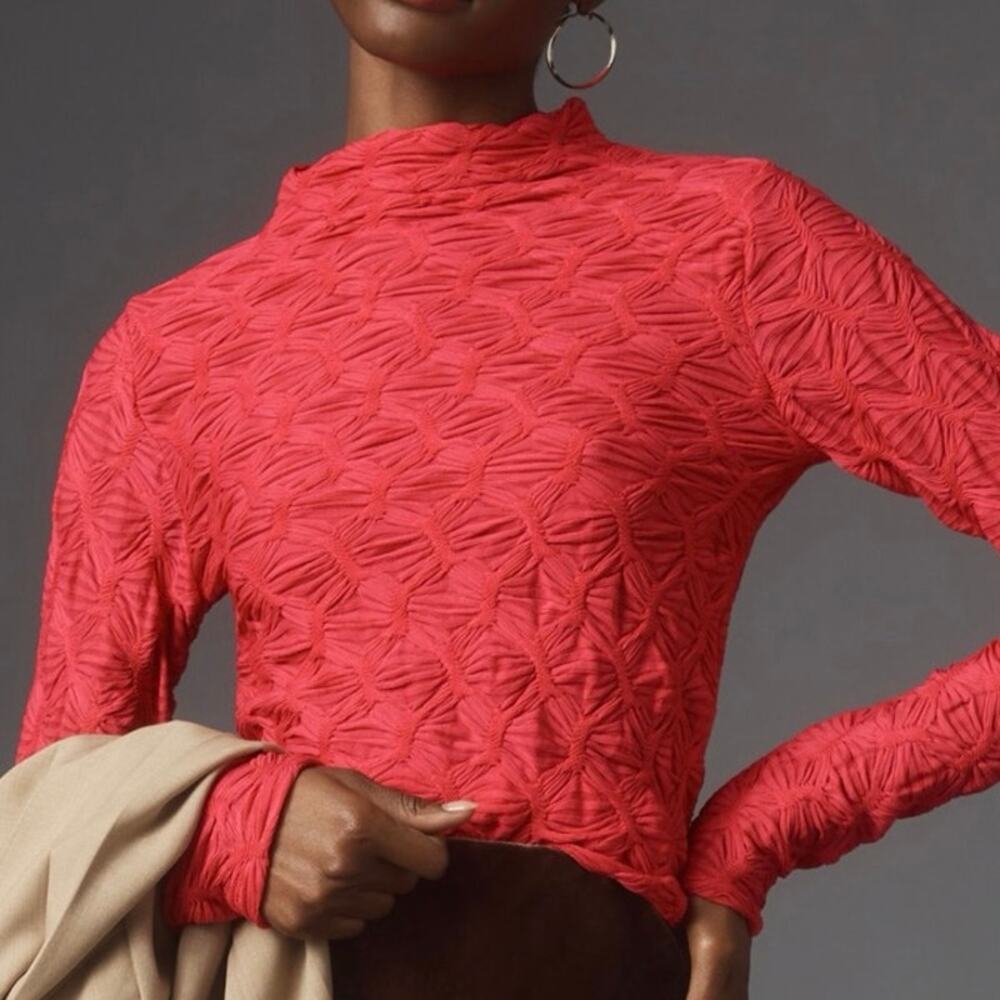Anthropologie Textured Long Sleeve Top XL Pink Mock Neck